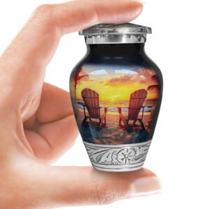 Beach sunset sunrise urn adult human ashes large funeral memorial remembrance loved tribute metal lost died keepsake nature cremation decorative urnas para cenizas humanas adultos burial women men dad mom mum ocean wave sand palm sea horizon chair