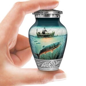 Fishing fish urn adult human ashes keepsake funeral memorial remembrance loved tribute metal lost died keepsake nature cremation decorative urnas para cenizas humanas adultos burial women men dad mom mum fisherman boat bass salmon trout carp walleye