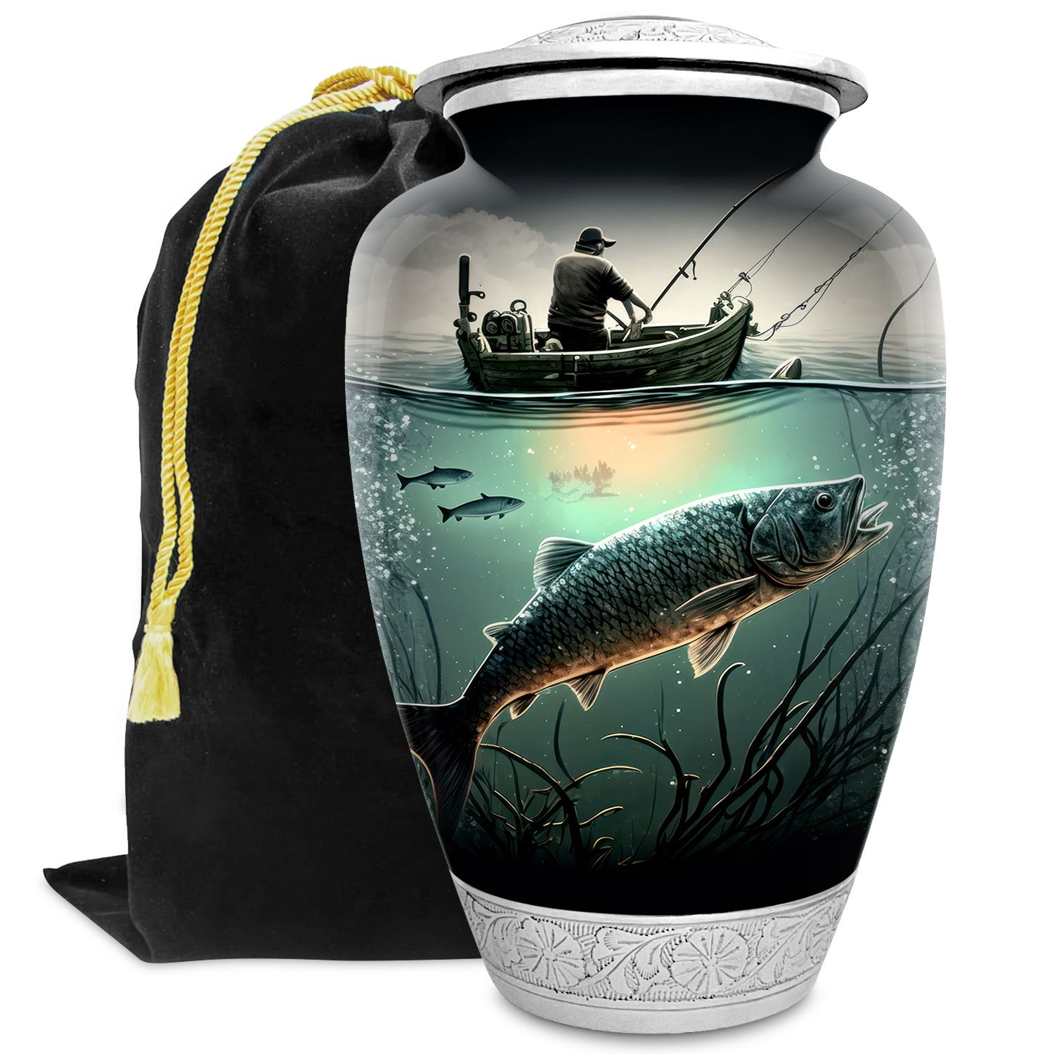Fishing fish urn adult human ashes keepsake funeral memorial remembrance loved tribute metal lost died keepsake nature cremation decorative urnas para cenizas humanas adultos burial women men dad mom mum fisherman boat bass salmon trout carp walleye