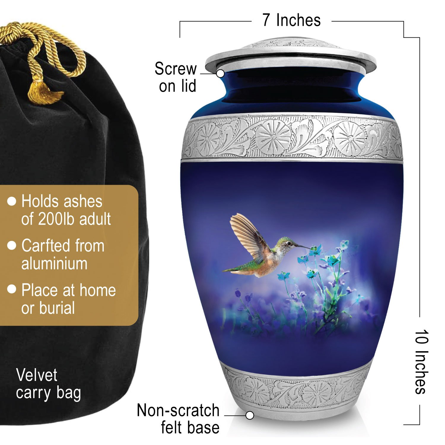 Cremation Urn Adult Human Ashes Large Handcrafted Funeral Memorial Remembrance Loved Tribute Metal Lost Died keepsake nature birds hummingbird