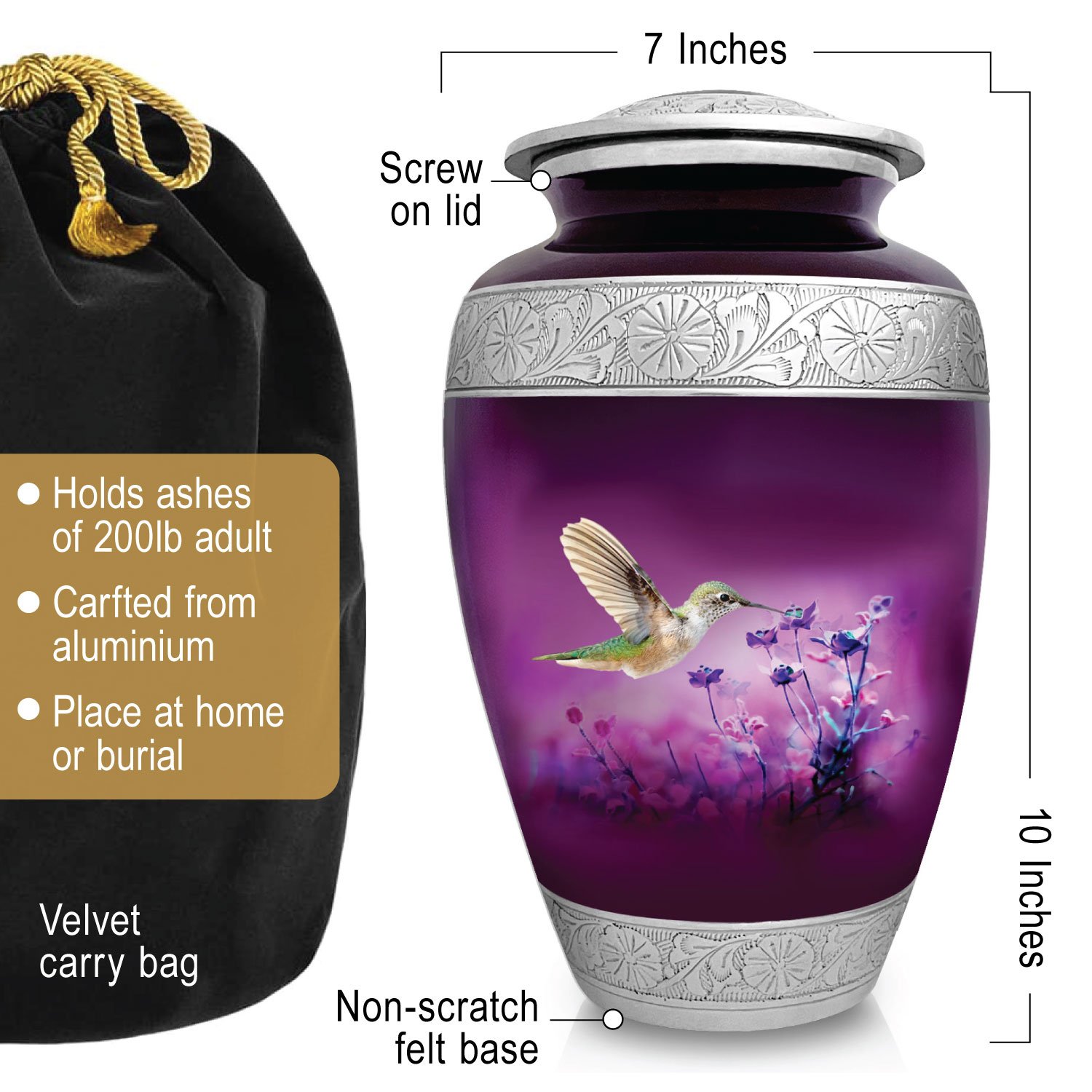Cremation Urn Adult Human Ashes Large Handcrafted Funeral Memorial Remembrance Loved Tribute Metal Lost Died keepsake nature birds hummingbird