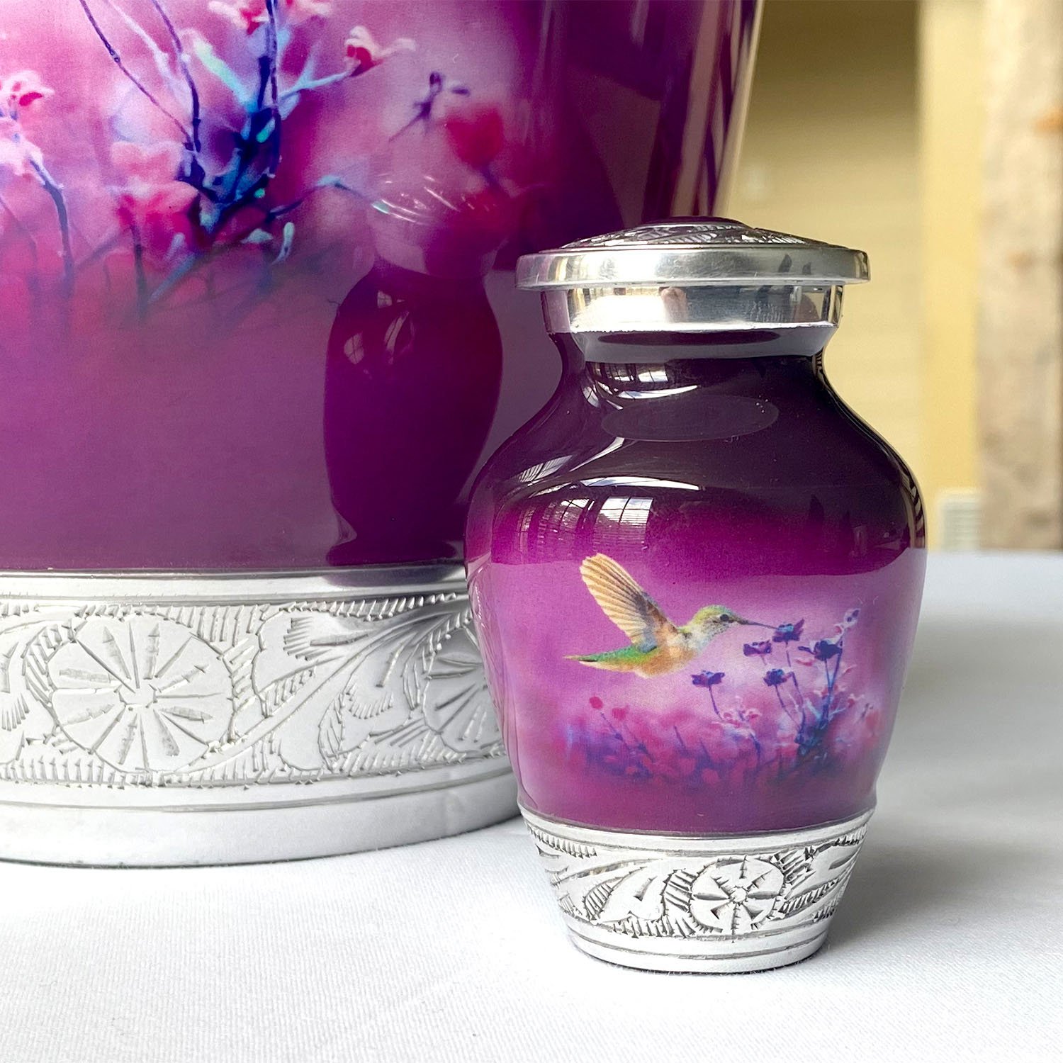 Cremation Urn Adult Human Ashes Large Handcrafted Funeral Memorial Remembrance Loved Tribute Metal Lost Died keepsake nature birds hummingbird