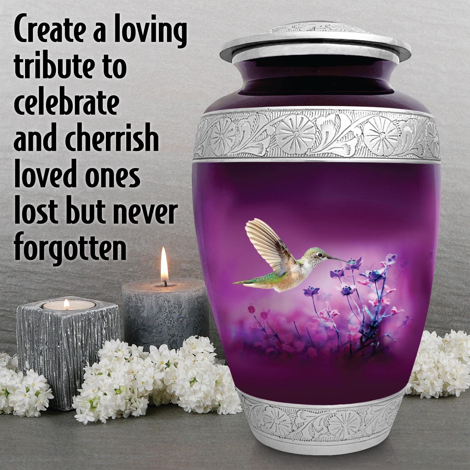 Cremation Urn Adult Human Ashes Large Handcrafted Funeral Memorial Remembrance Loved Tribute Metal Lost Died keepsake nature birds hummingbird