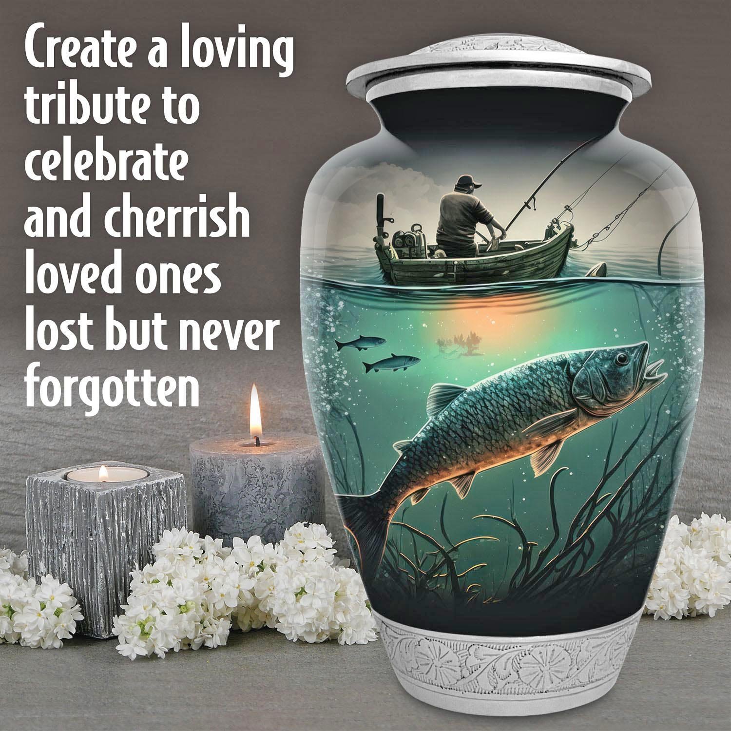 Fishing fish urn adult human ashes keepsake funeral memorial remembrance loved tribute metal lost died keepsake nature cremation decorative urnas para cenizas humanas adultos burial women men dad mom mum fisherman boat bass salmon trout carp walleye