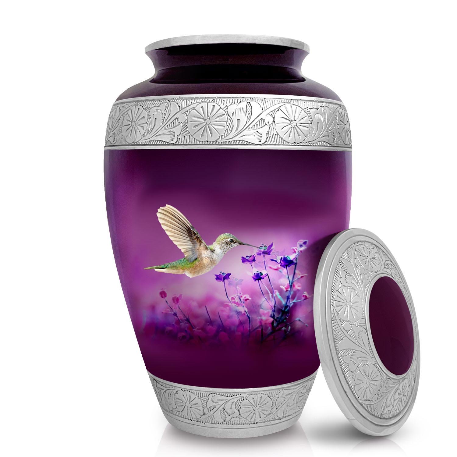 Cremation Urn Adult Human Ashes Large Handcrafted Funeral Memorial Remembrance Loved Tribute Metal Lost Died keepsake nature birds hummingbird