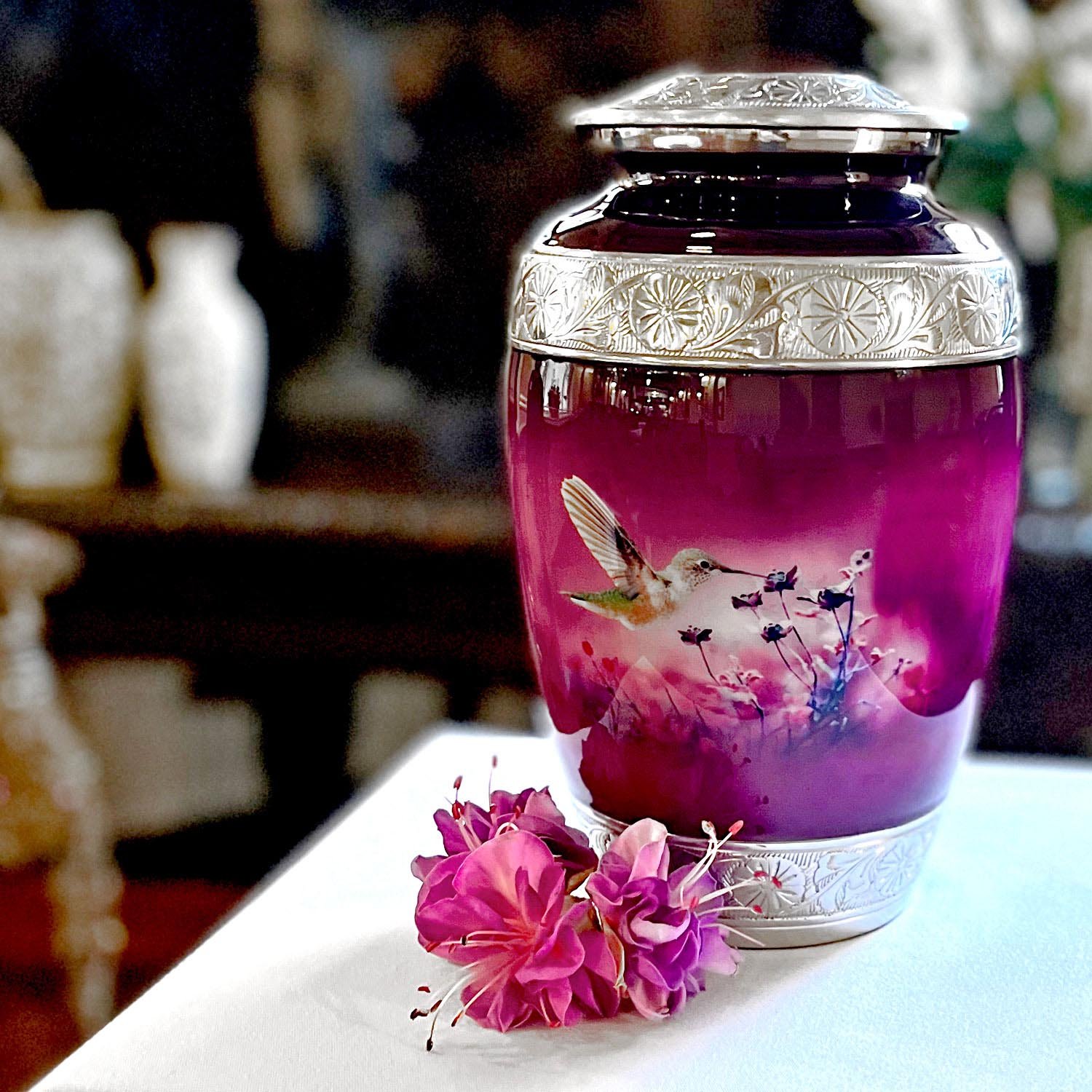 Cremation Urn Adult Human Ashes Large Handcrafted Funeral Memorial Remembrance Loved Tribute Metal Lost Died keepsake nature birds hummingbird