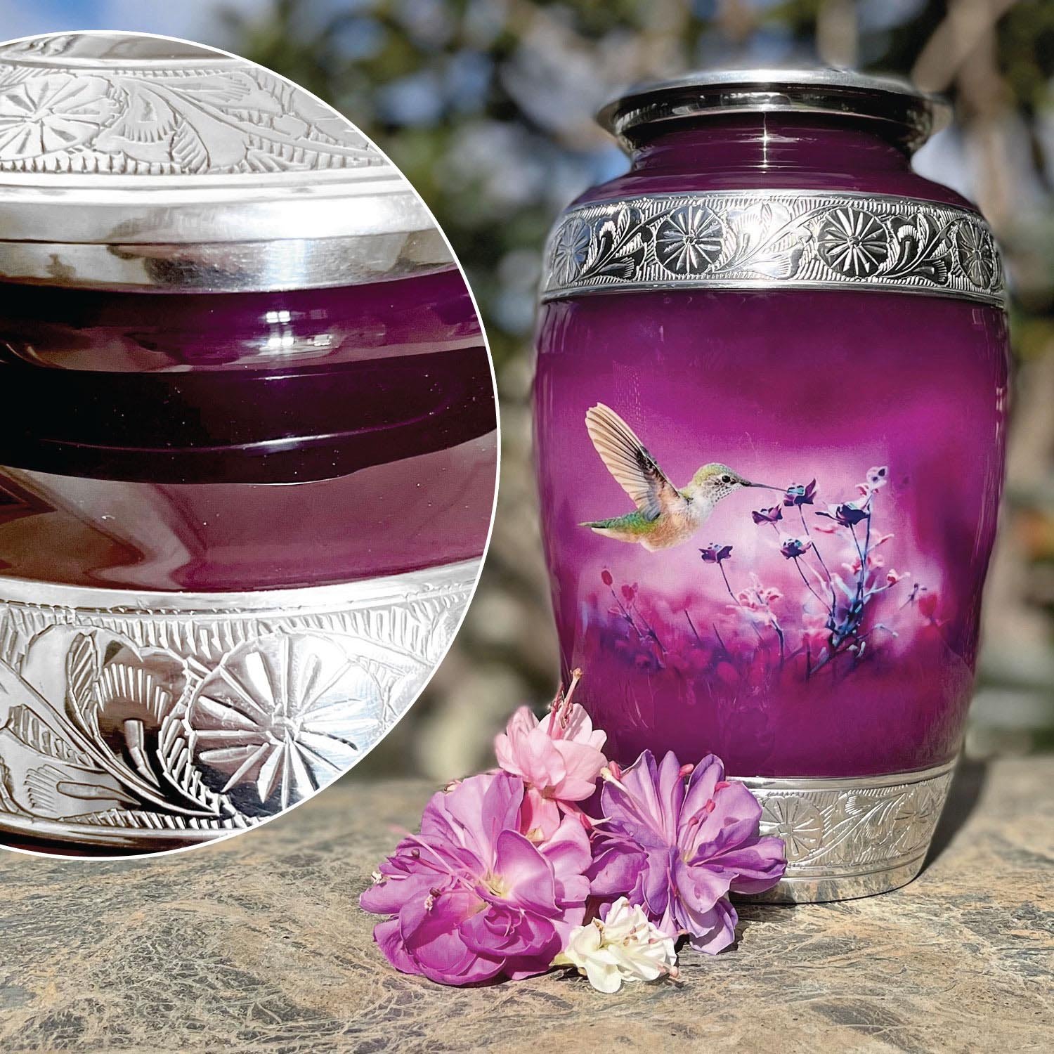 Cremation Urn Adult Human Ashes Large Handcrafted Funeral Memorial Remembrance Loved Tribute Metal Lost Died keepsake nature birds hummingbird