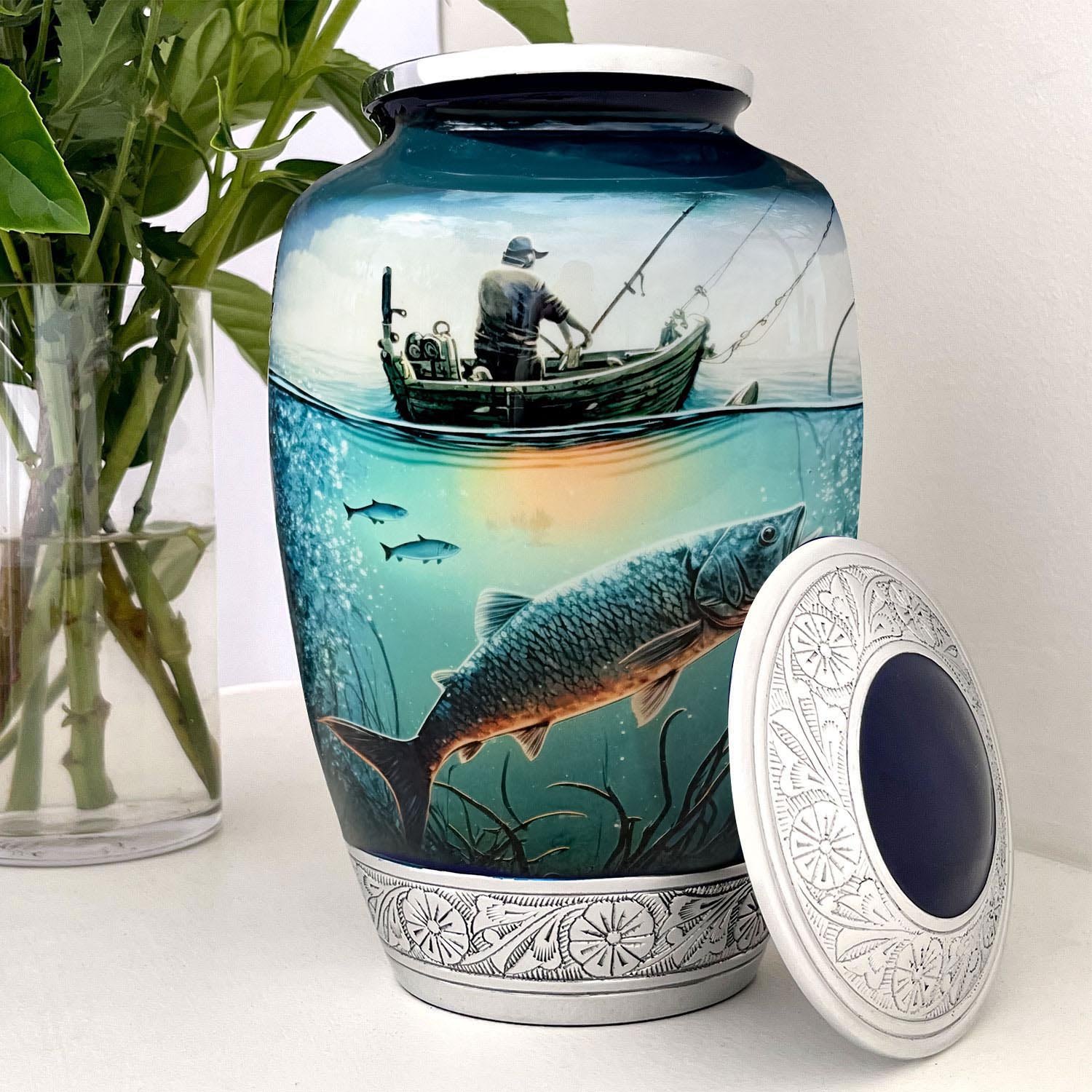 Fishing fish urn adult human ashes keepsake funeral memorial remembrance loved tribute metal lost died keepsake nature cremation decorative urnas para cenizas humanas adultos burial women men dad mom mum fisherman boat bass salmon trout carp walleye