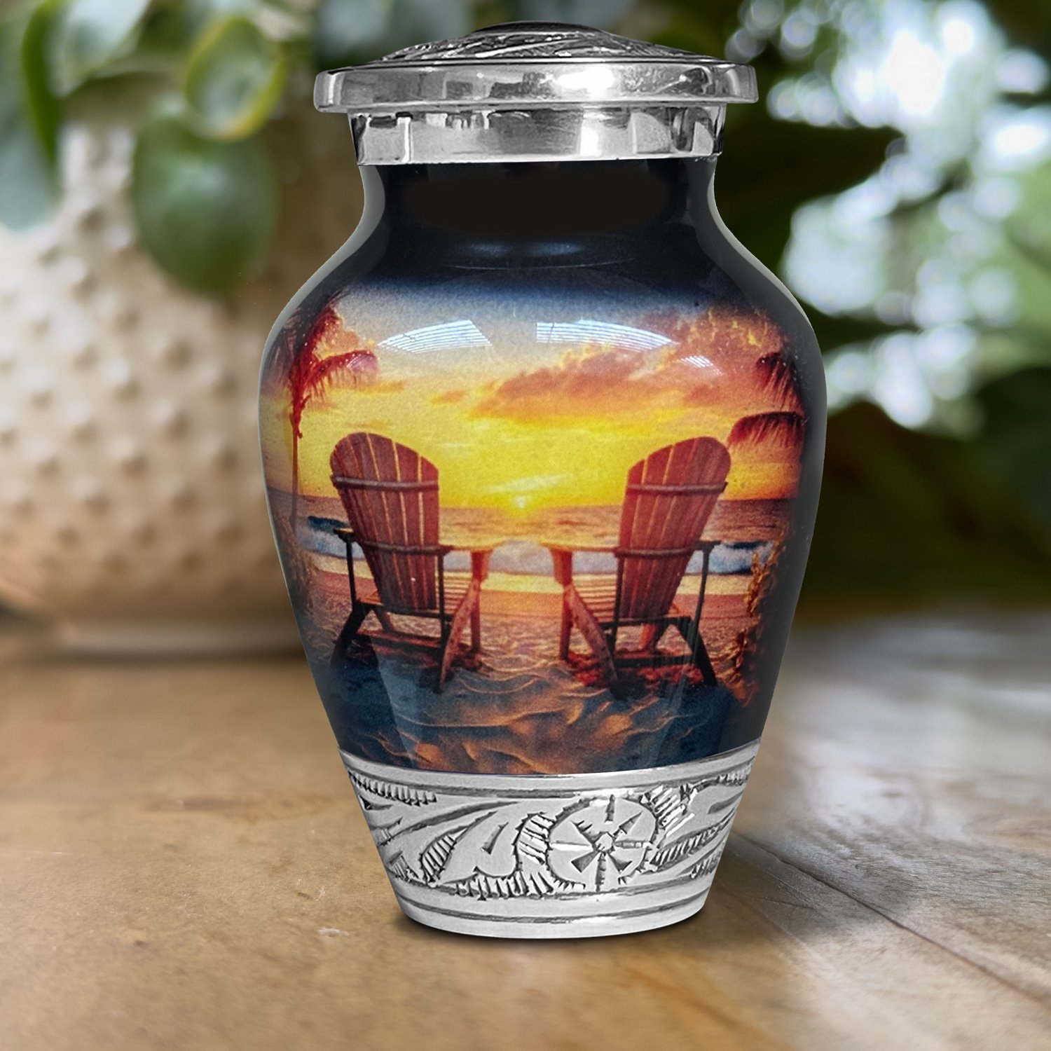 Beach sunset sunrise urn adult human ashes large funeral memorial remembrance loved tribute metal lost died keepsake nature cremation decorative urnas para cenizas humanas adultos burial women men dad mom mum ocean wave sand palm sea horizon chair