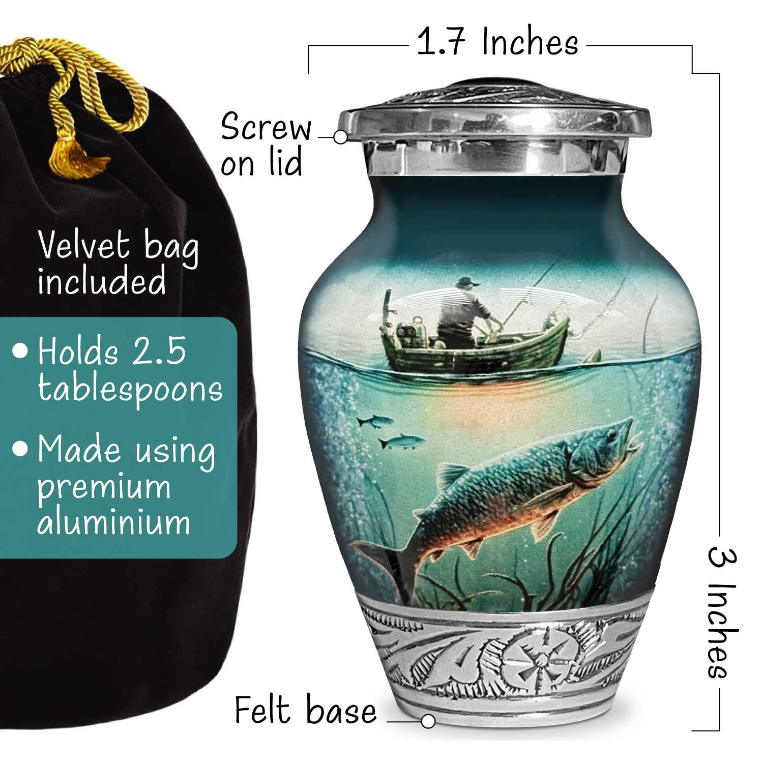 Fishing fish urn adult human ashes keepsake funeral memorial remembrance loved tribute metal lost died keepsake nature cremation decorative urnas para cenizas humanas adultos burial women men dad mom mum fisherman boat bass salmon trout carp walleye
