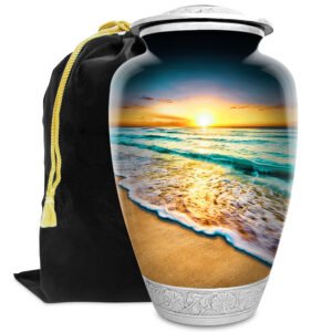 Beach sunset sunrise urn adult human ashes large funeral memorial remembrance loved tribute metal lost died keepsake nature cremation decorative urnas para cenizas humanas adultos burial women men dad mom mum ocean wave sand palm sea horizon chair