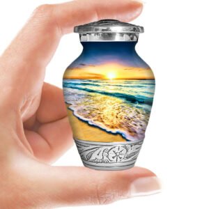 Beach sunset sunrise urn adult human ashes large funeral memorial remembrance loved tribute metal lost died keepsake nature cremation decorative urnas para cenizas humanas adultos burial women men dad mom mum ocean wave sand palm sea horizon chair