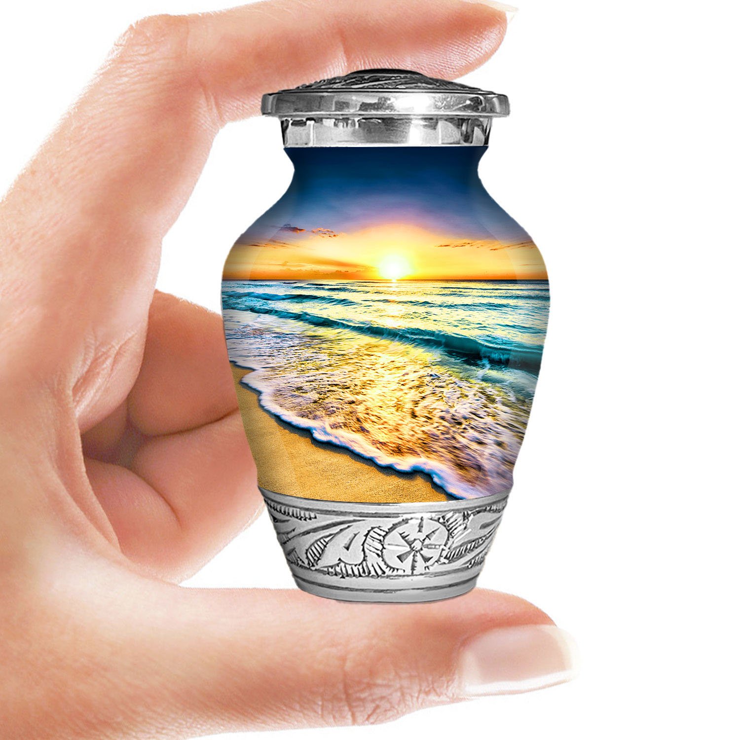 Beach sunset sunrise urn adult human ashes large funeral memorial remembrance loved tribute metal lost died keepsake nature cremation decorative urnas para cenizas humanas adultos burial women men dad mom mum ocean wave sand palm sea horizon chair