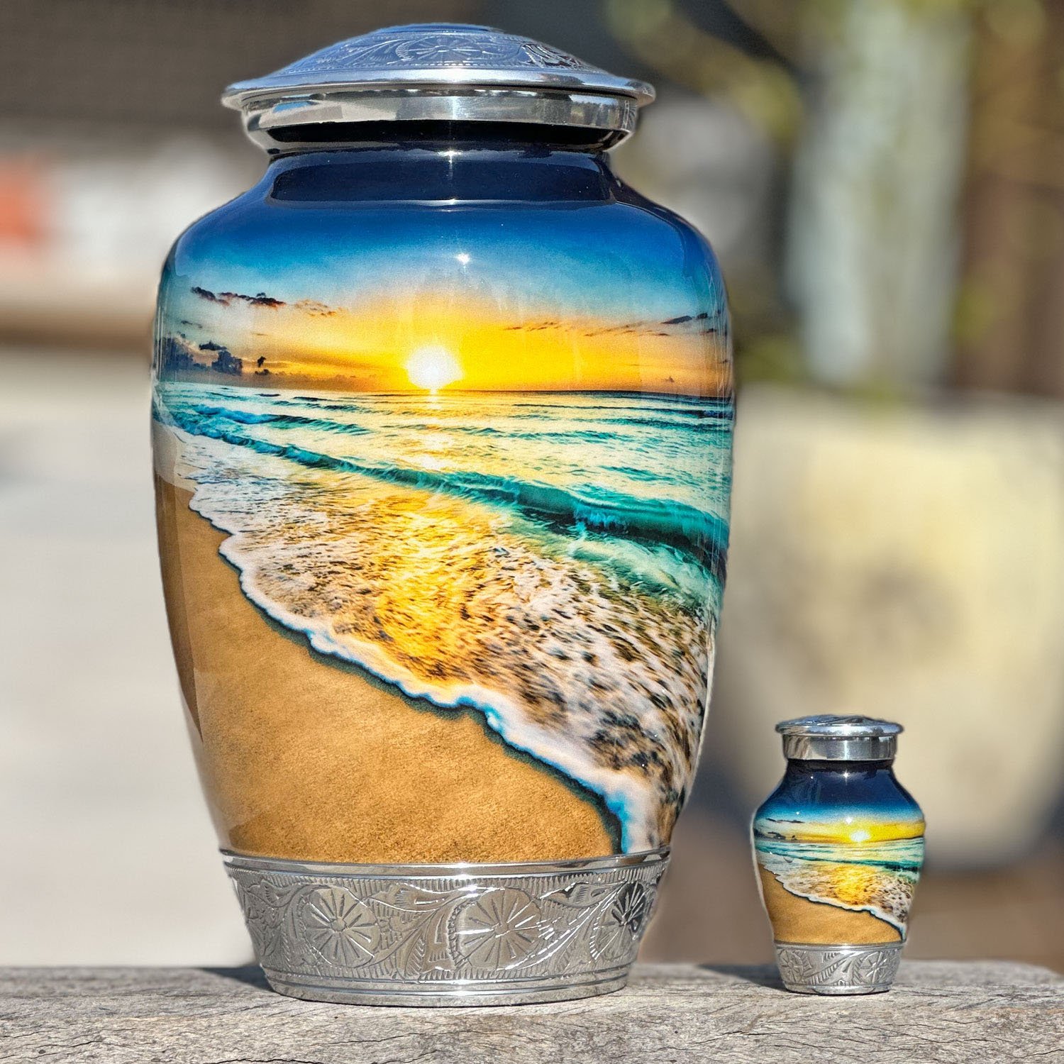 Beach sunset sunrise urn adult human ashes large funeral memorial remembrance loved tribute metal lost died keepsake nature cremation decorative urnas para cenizas humanas adultos burial women men dad mom mum ocean wave sand palm sea horizon