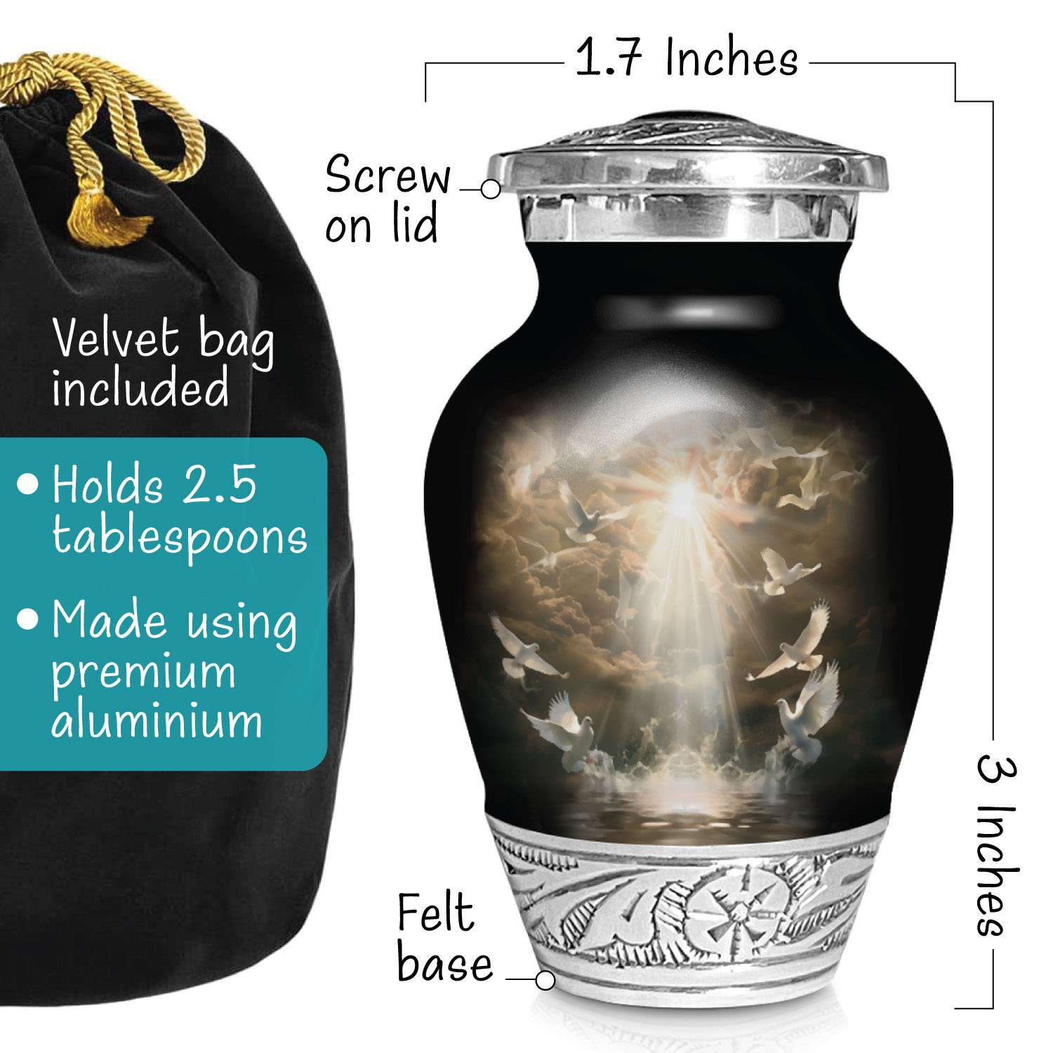 Doves urn adult human ashes large funeral memorial remembrance loved tribute metal lost died keepsake nature cremation decorative burial women men dad mom mum clouds ethereal heaven religious water Dove bird God Jesus urnes funéraires adultes