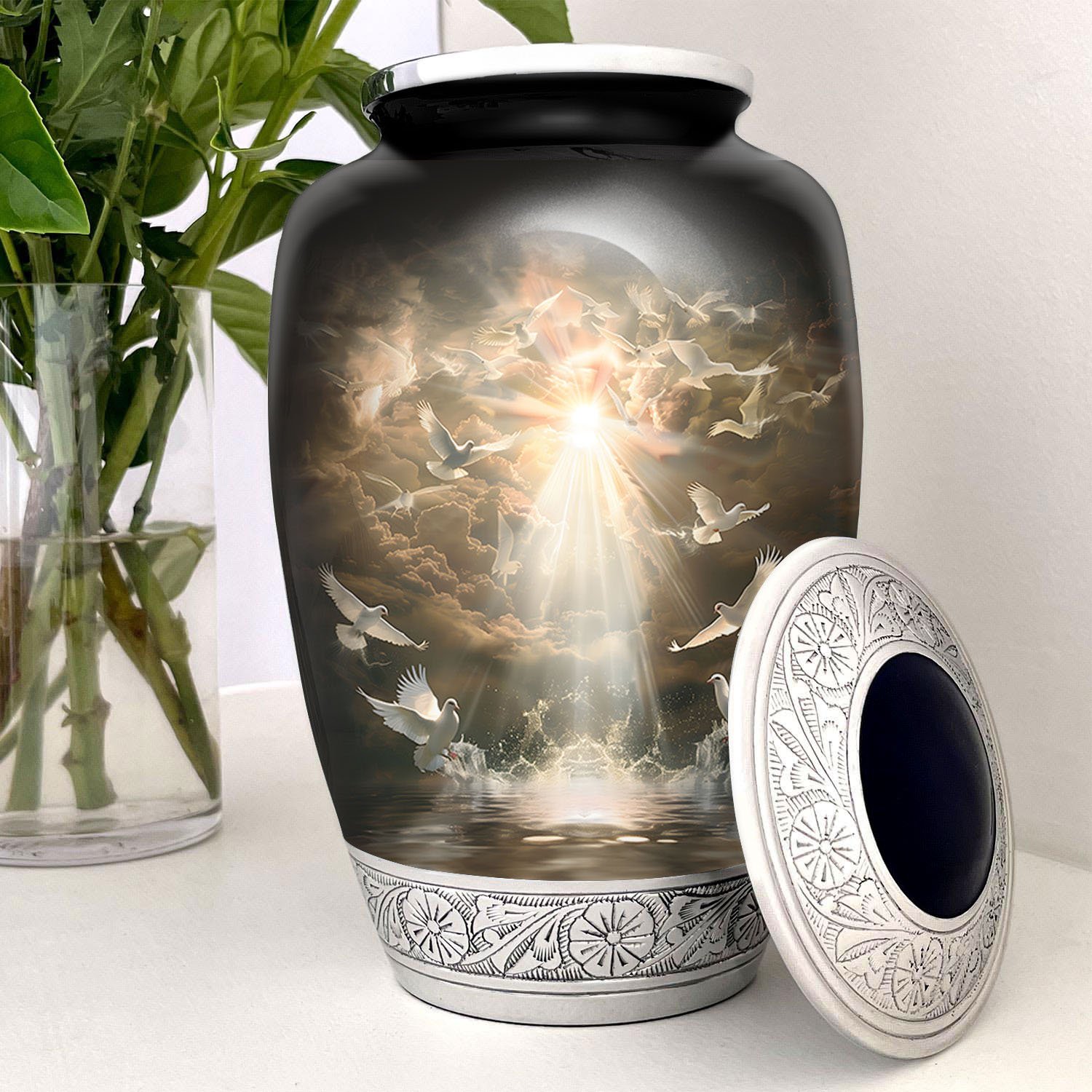 Doves urn adult human ashes large funeral memorial remembrance loved tribute metal lost died keepsake nature cremation decorative burial women men dad mom mum clouds ethereal heaven religious water Dove bird God Jesus urnes funéraires adultes
