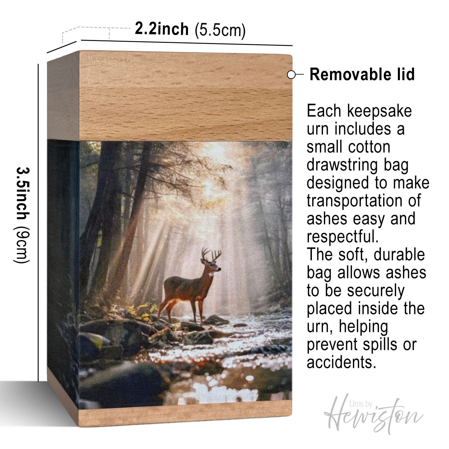 Small wooden cremation urn with deer by forest stream design, handcrafted memorial urn for adult human ashes