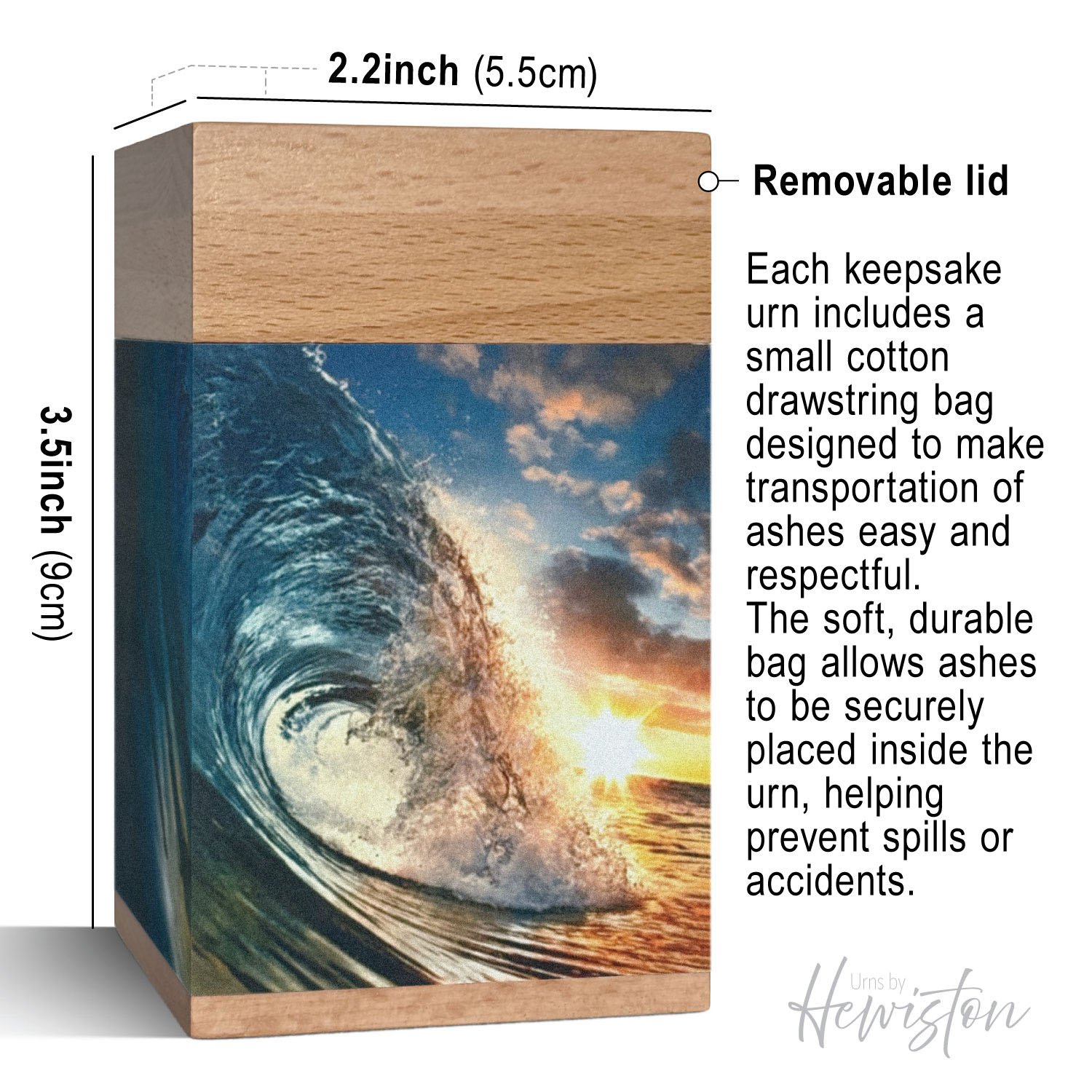 Large wooden cremation urn with ocean wave design, handcrafted memorial urn for adult human ashes