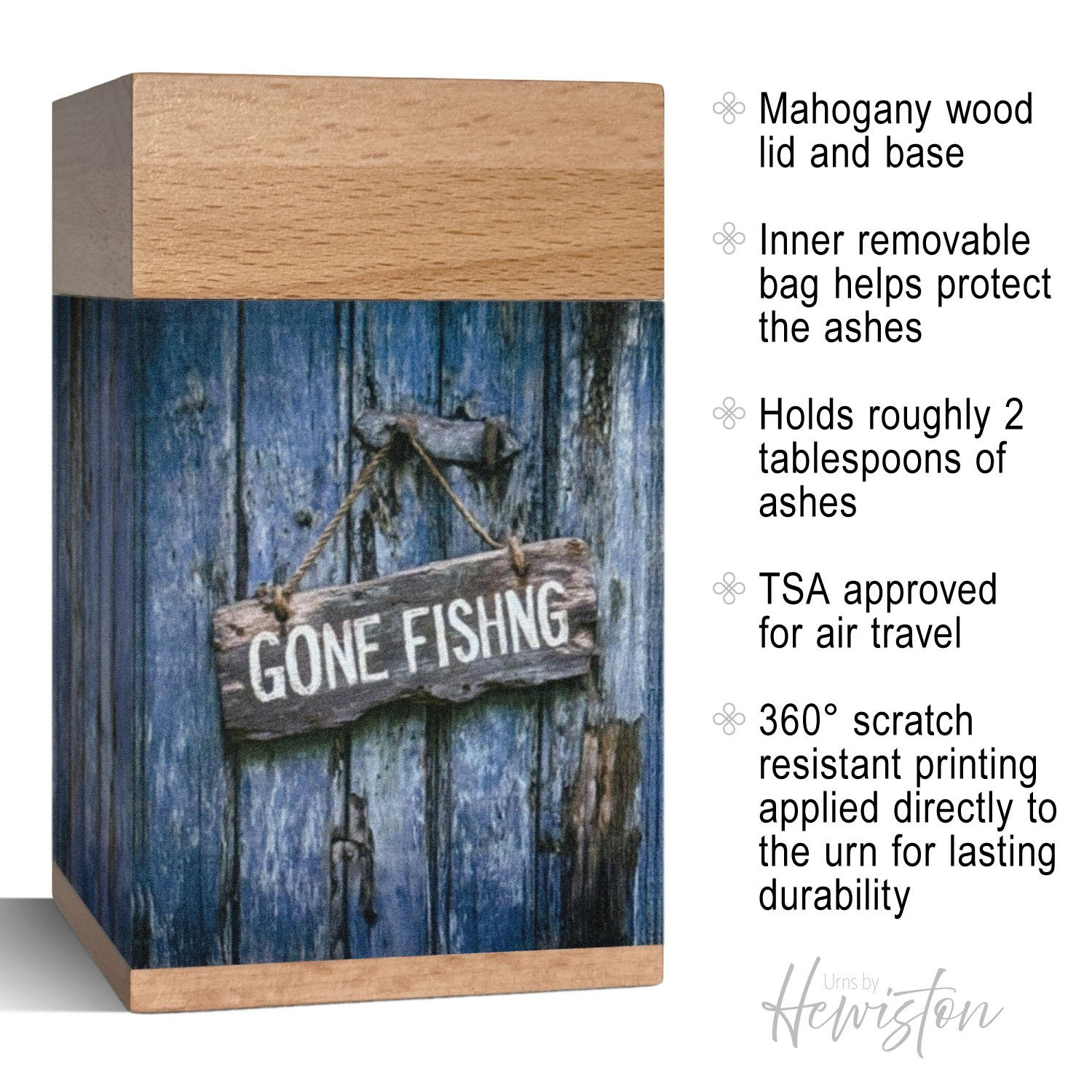 Wooden Urn for Ashes Adult Male or Female | Large ‘Gone Fishing’ Cremation Memorial | Handcrafted Wood Funeral