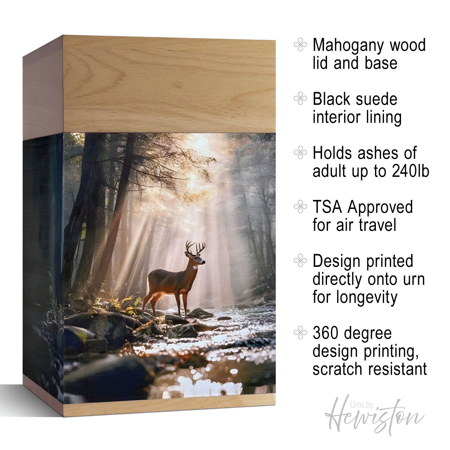 Large wooden cremation urn with deer by forest stream design, handcrafted memorial urn for adult human ashes