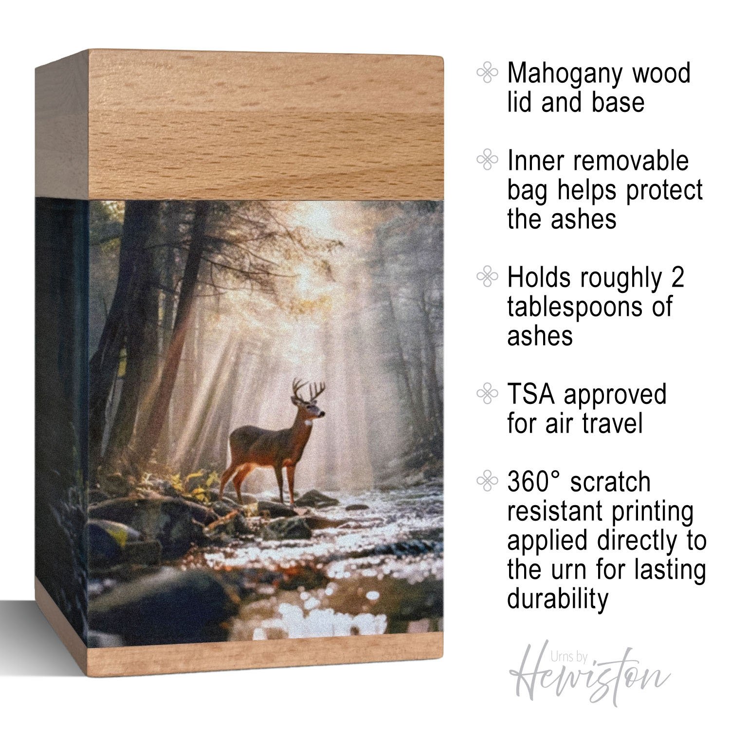 Small wooden cremation urn with deer by forest stream design, handcrafted memorial urn for adult human ashes