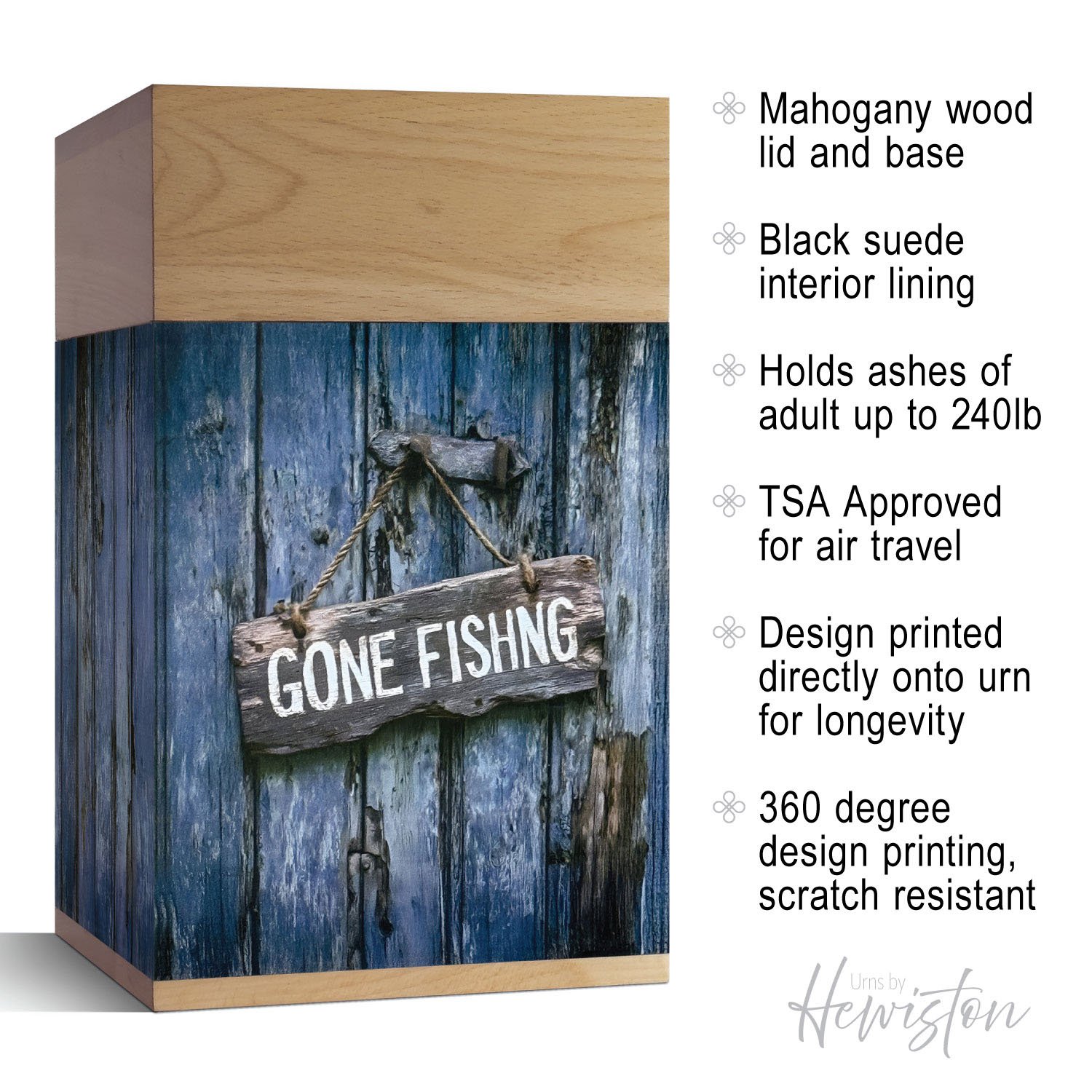 Wooden Urn for Ashes Adult Male or Female | Large ‘Gone Fishing’ Cremation Memorial | Handcrafted Wood Funeral