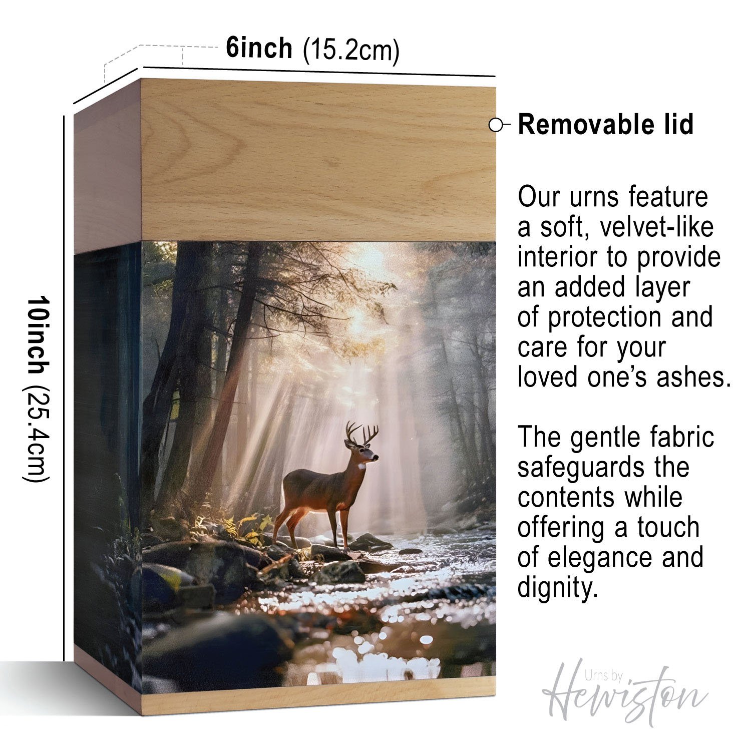 Large wooden cremation urn with deer by forest stream design, handcrafted memorial urn for adult human ashes