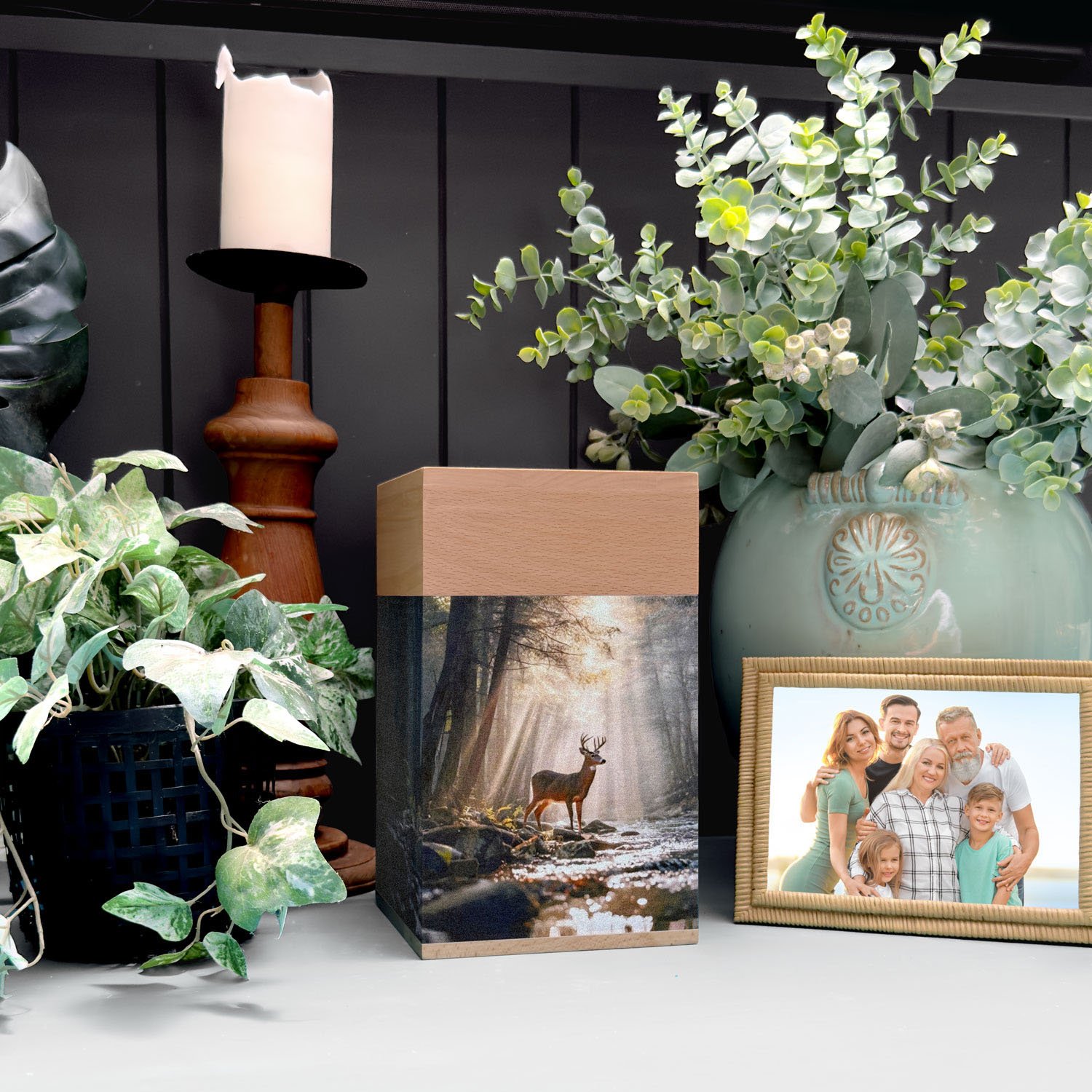 Large wooden cremation urn with deer by forest stream design, handcrafted memorial urn for adult human ashes