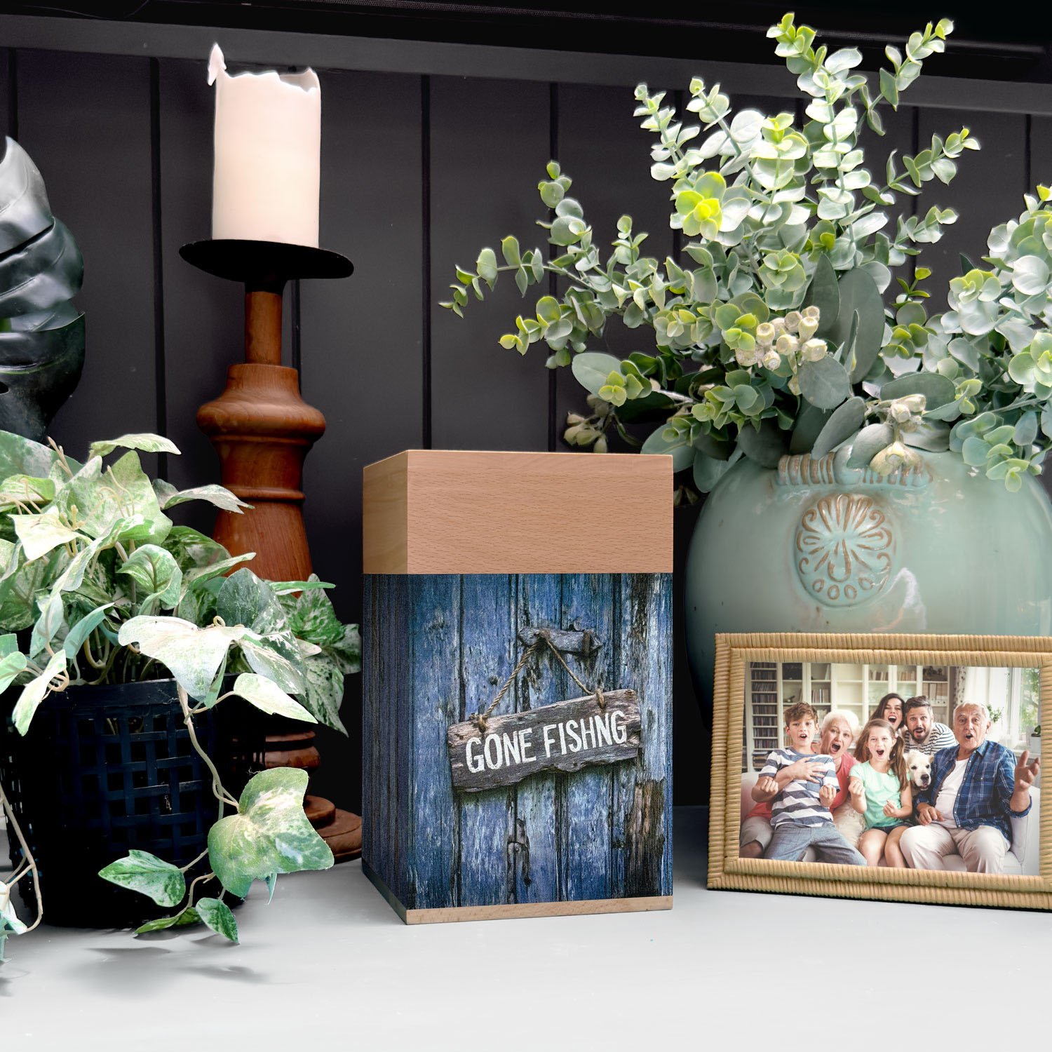 Wooden Urn for Ashes Adult Male or Female | Large ‘Gone Fishing’ Cremation Memorial | Handcrafted Wood Funeral