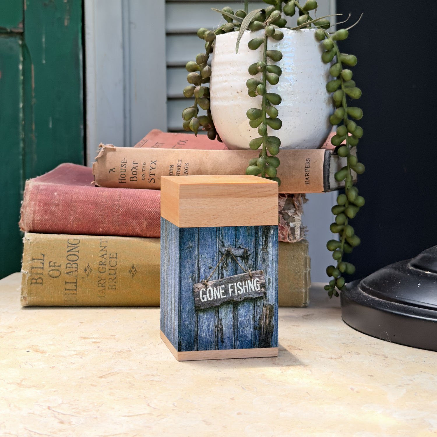 Wooden Urn for Ashes Adult Male or Female | Large ‘Gone Fishing’ Cremation Memorial | Handcrafted Wood Funeral