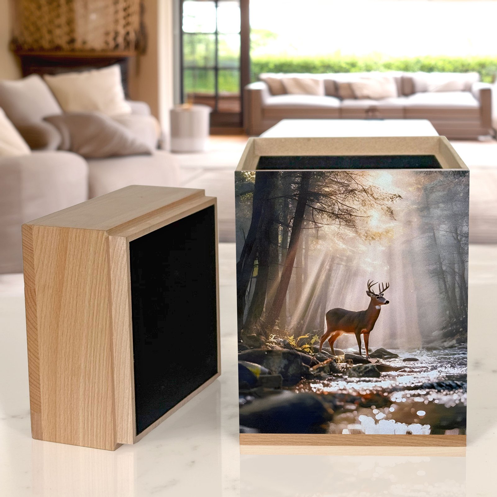 Large wooden cremation urn with deer by forest stream design, handcrafted memorial urn for adult human ashes