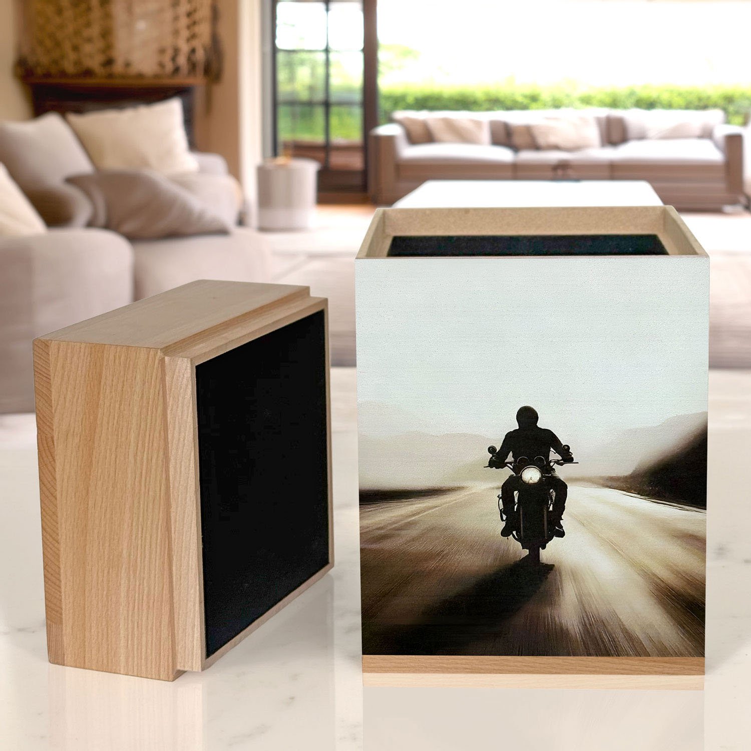 wooden cremation urn for human ashes motorbike design adult memorial urn crafted from beech wood