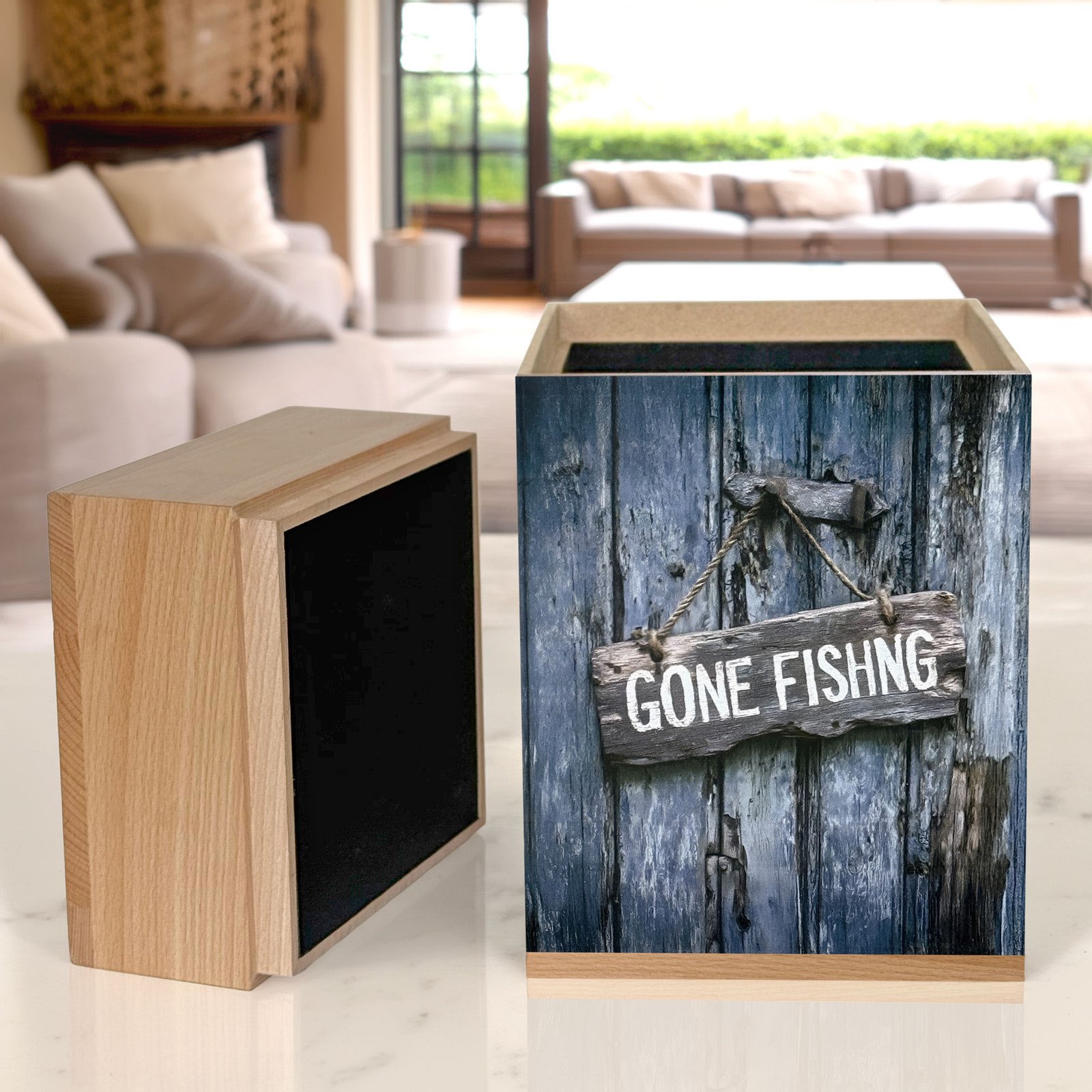 Wooden Urn for Ashes Adult Male or Female | Large ‘Gone Fishing’ Cremation Memorial | Handcrafted Wood Funeral