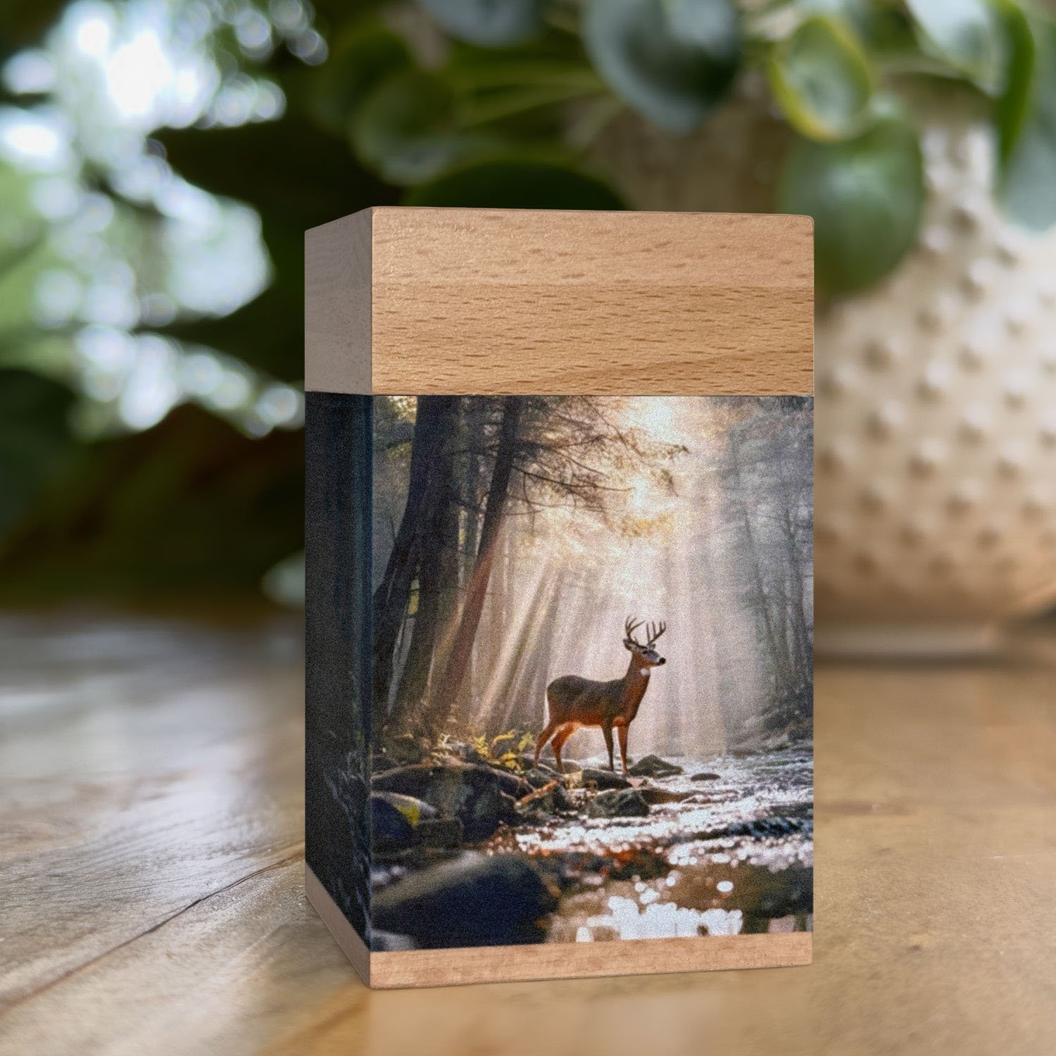 Small wooden cremation urn with deer by forest stream design, handcrafted memorial urn for adult human ashes