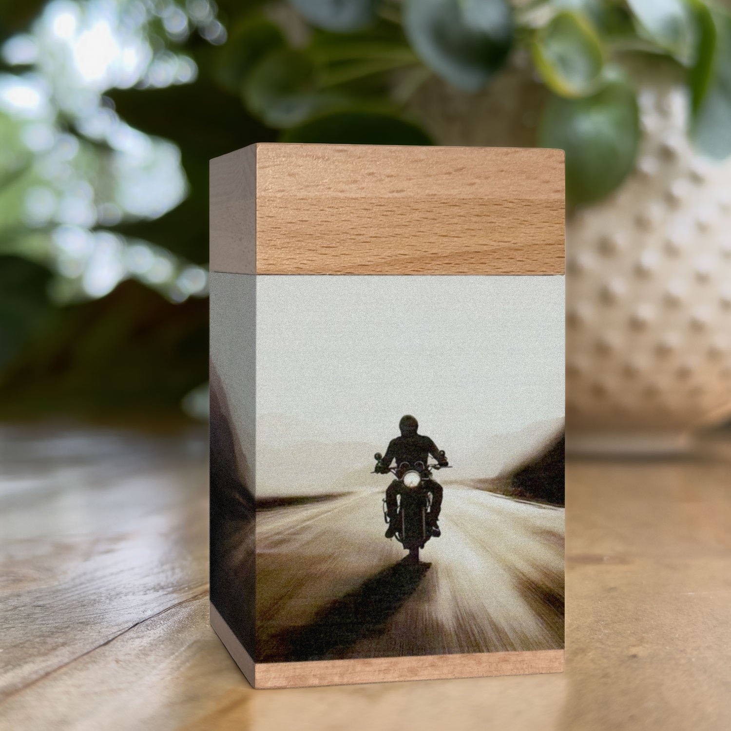 wooden cremation urn for human ashes motorbike design adult memorial urn crafted from beech wood